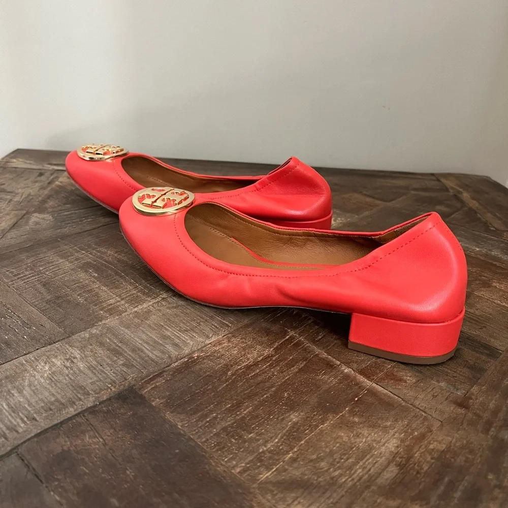 Tory Burch Coral Red Leather Logo Flats